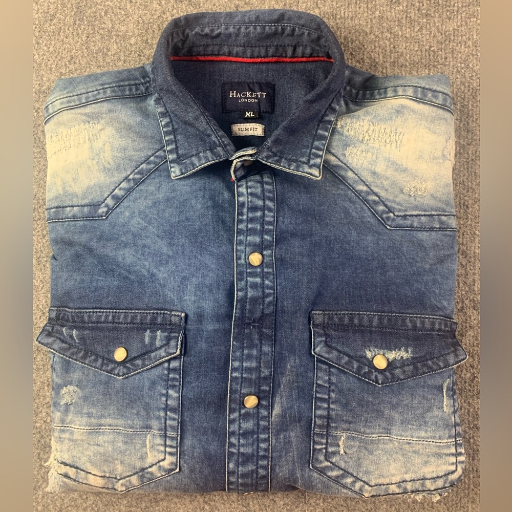 Hackett Blue Denim Slim Fit Pearl snap western Shirt Sz XL